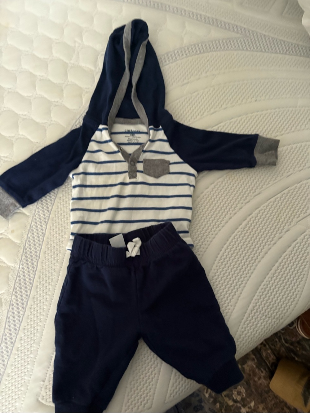 Striped Hooded Baby Top & Navy Jogger Set